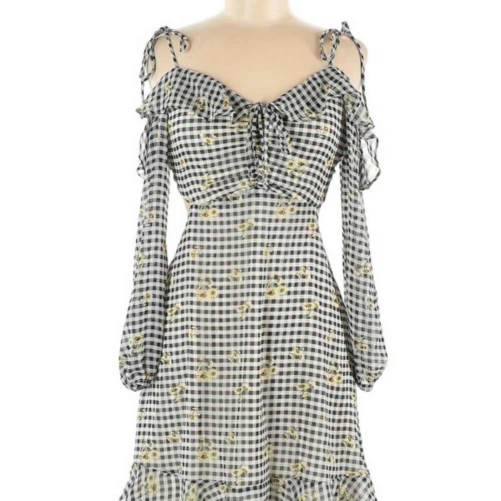 Rewind Checkered Cold Shoulder Open Back Sunflower Dress M